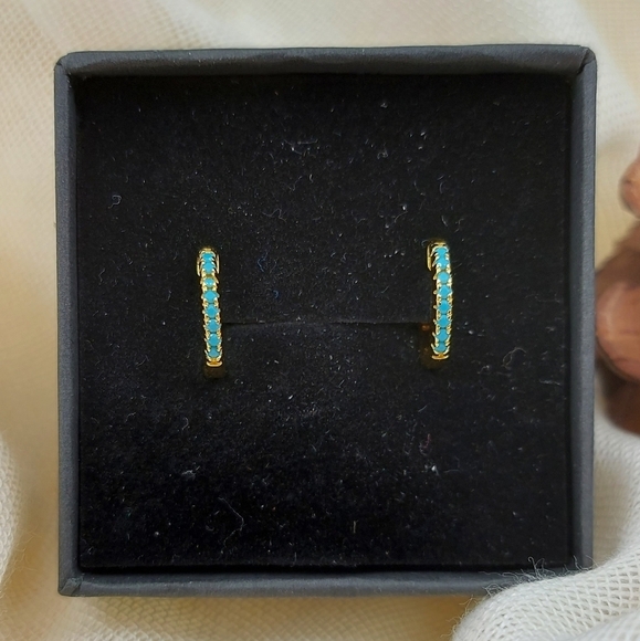 14K Gold Plated Huggie Hoop Blue  Earrings - Picture 9 of 9